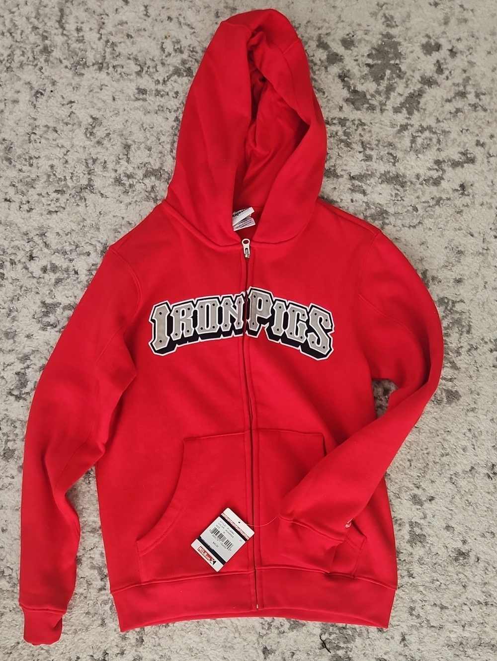 Majestic Red Zip-Up Hoodie with 'Iron Pigs' Graphic